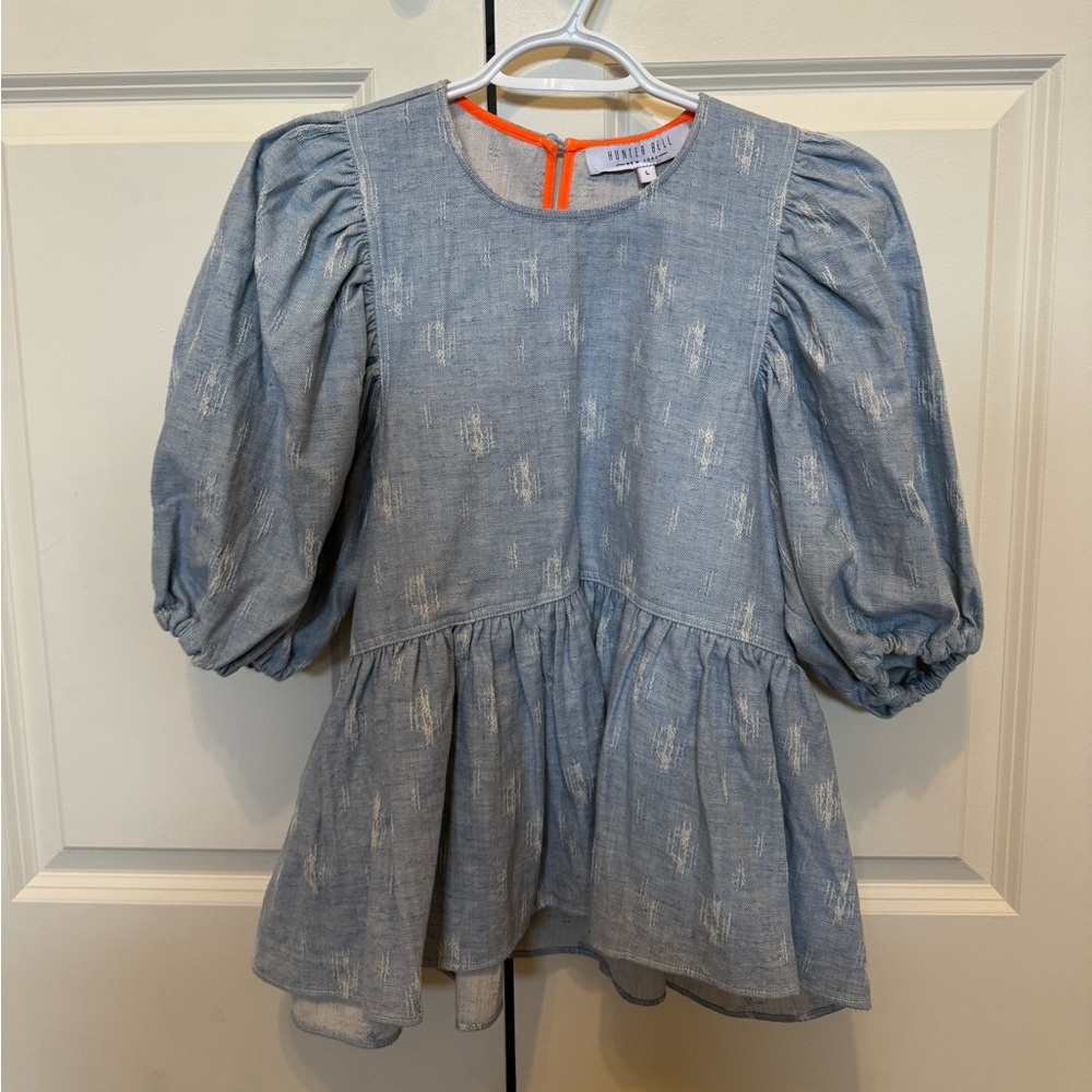 Hunter Bell Peplum Shirt, Blue denim, Size Large